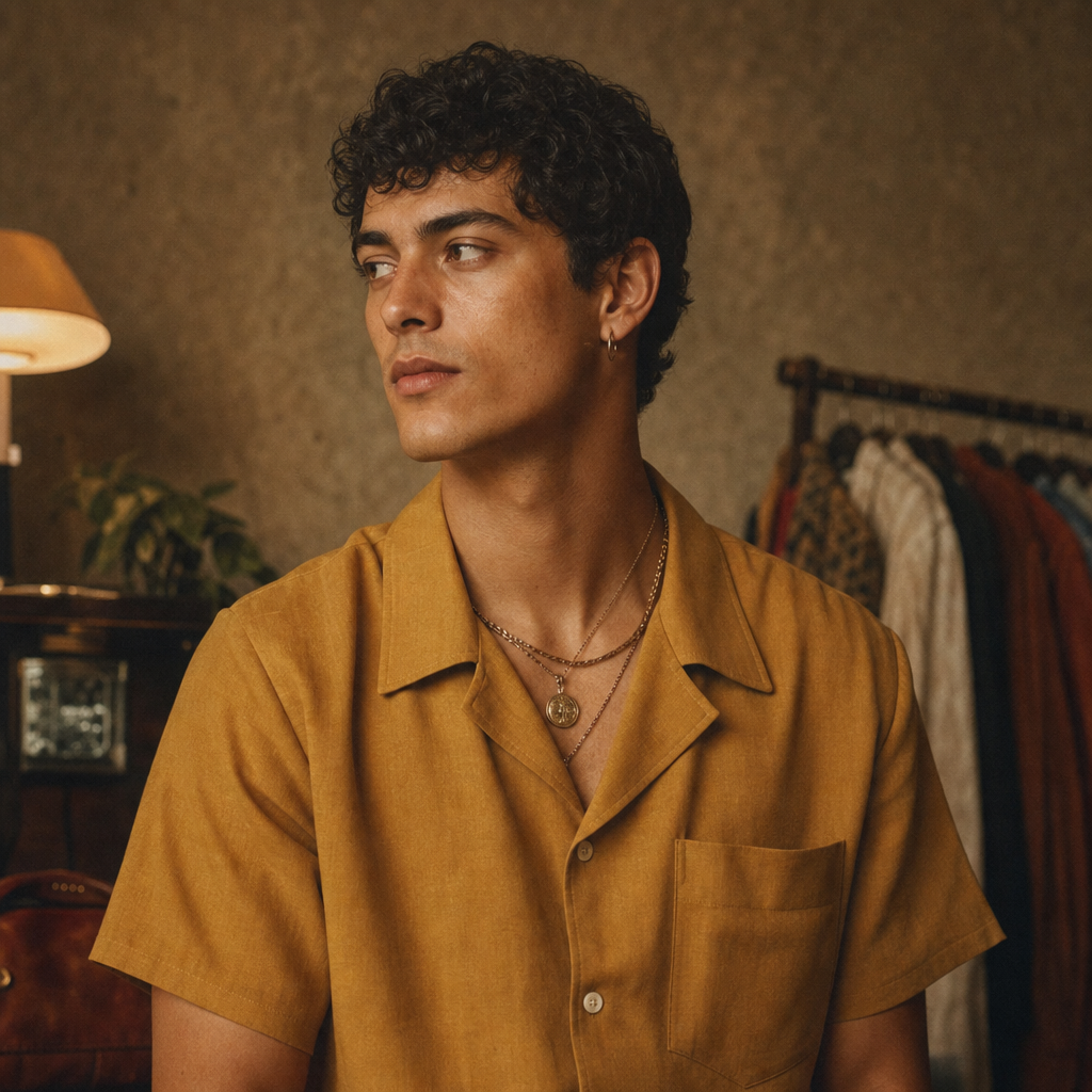 Rio, a portrait of a young man with short black curls wearing a mustard shirt and vintage jewelry