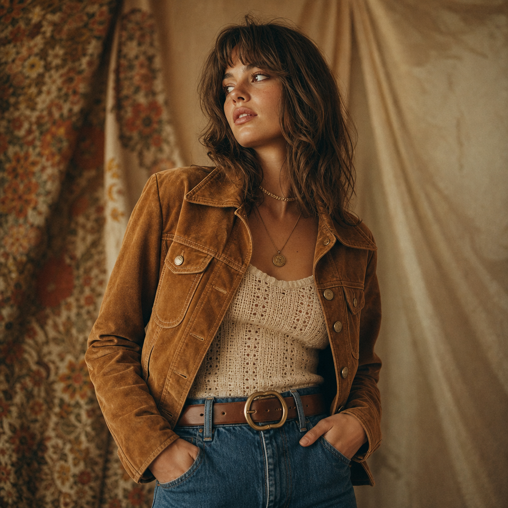 Warm film-style editorial shot of a model wearing a 70s-inspired outfit with tactile textures and soft grain