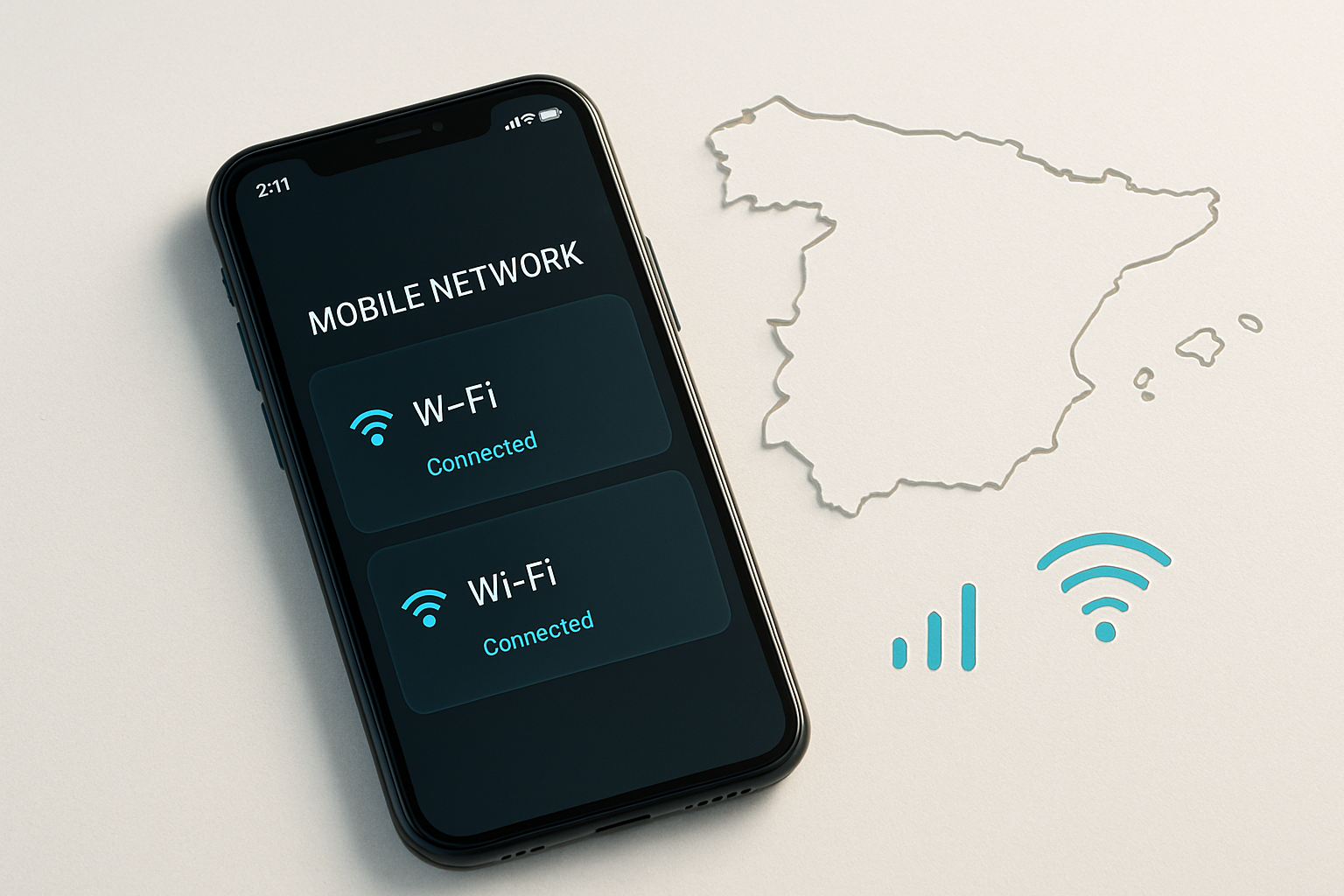 Современный смартфон с интерфейсом мобильной сети и Wi‑Fi, лежащий на светлом столе рядом с картой Испании и иконками связи