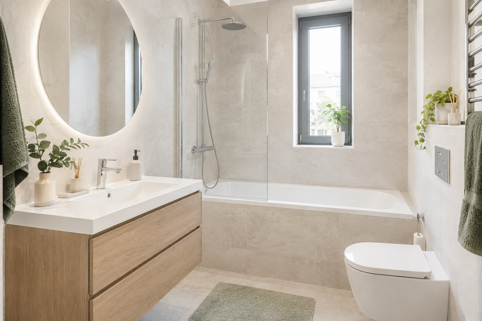 Freshly renovated Kyiv bathroom with light stone surfaces and simple modern fixtures