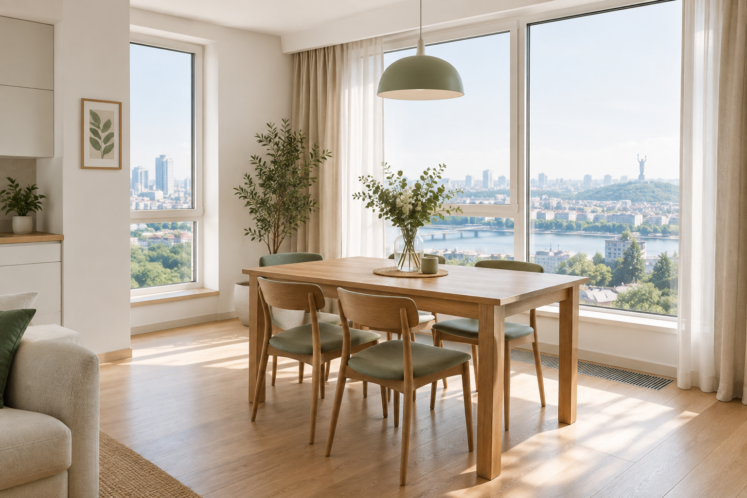 Modern Kyiv apartment dining area with a timber table and broad windows