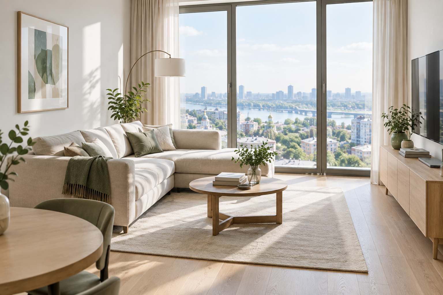 Sunlit modern Kyiv apartment living room with a neutral sofa and full-height windows