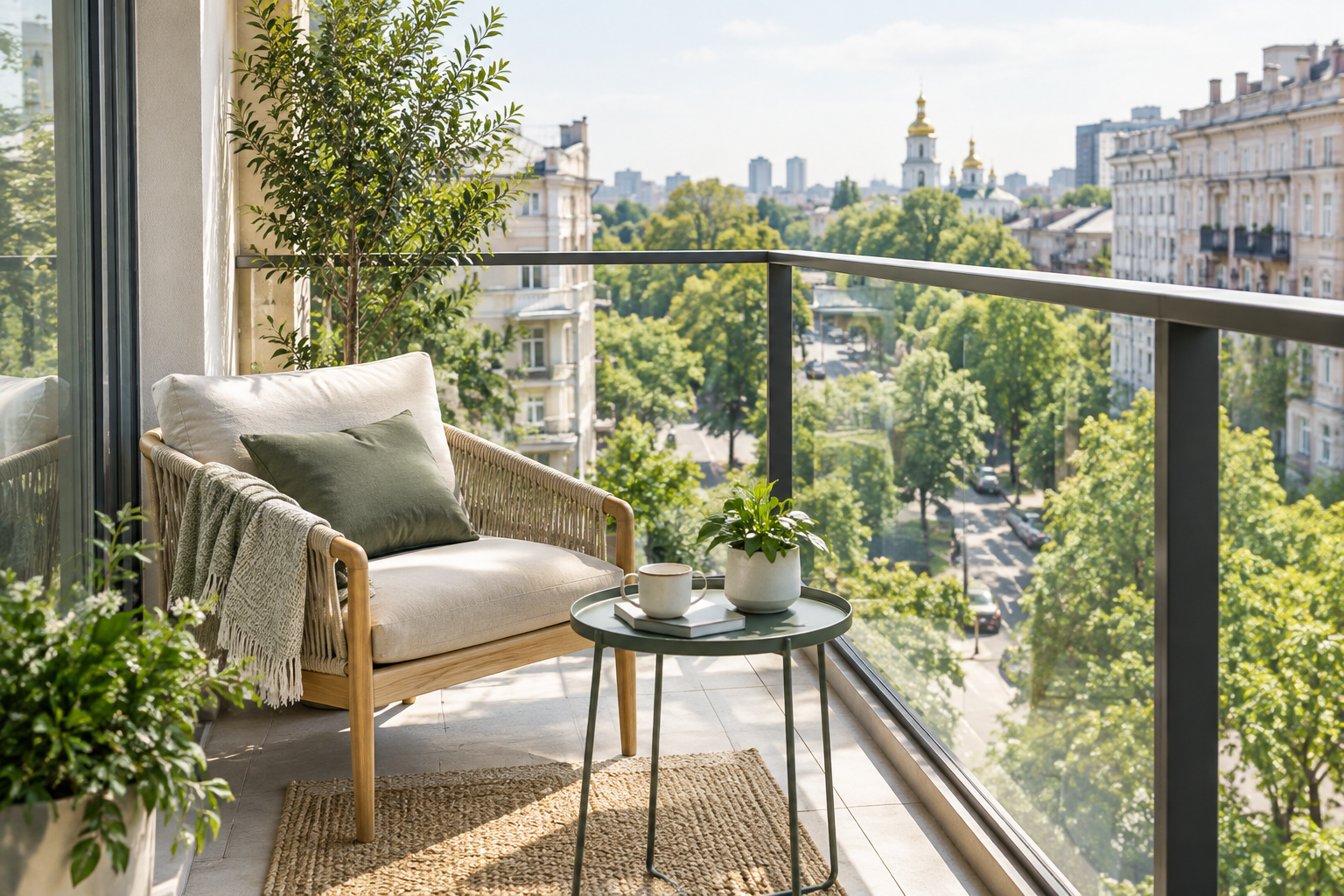 Bright Kyiv apartment balcony seating area overlooking leafy city streets