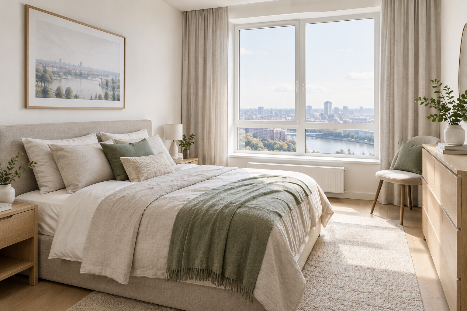 Calm contemporary Kyiv bedroom in soft linen tones with generous natural light