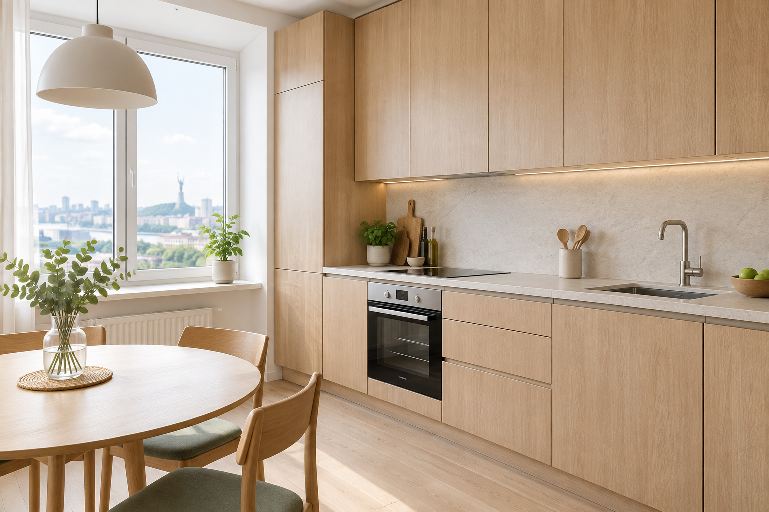 Bright Kyiv apartment kitchen with pale wood cabinets and a clean stone worktop