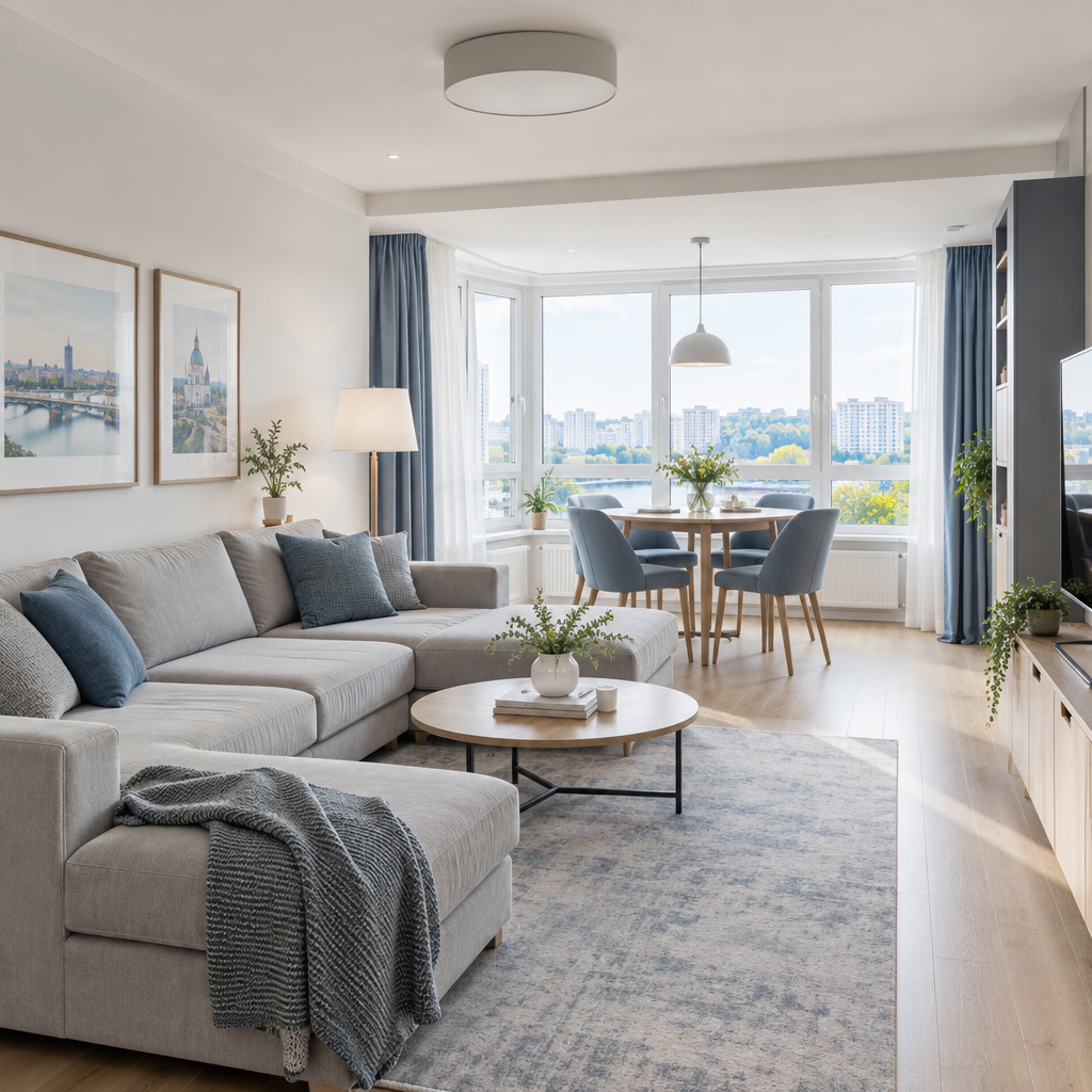Bright family apartment in Obolon with a wide living room, blue-gray accents, and comfortable dining nook