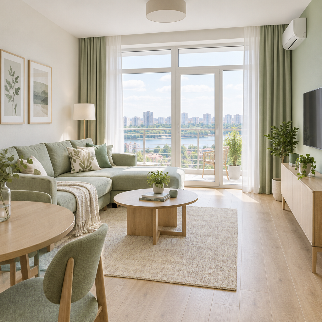Airy Obolon apartment living area in pale sage and wood tones with a broad balcony window