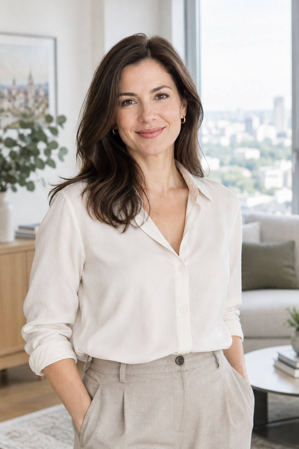 Approachable professional female real estate agent Olha Melnyk in bright natural light