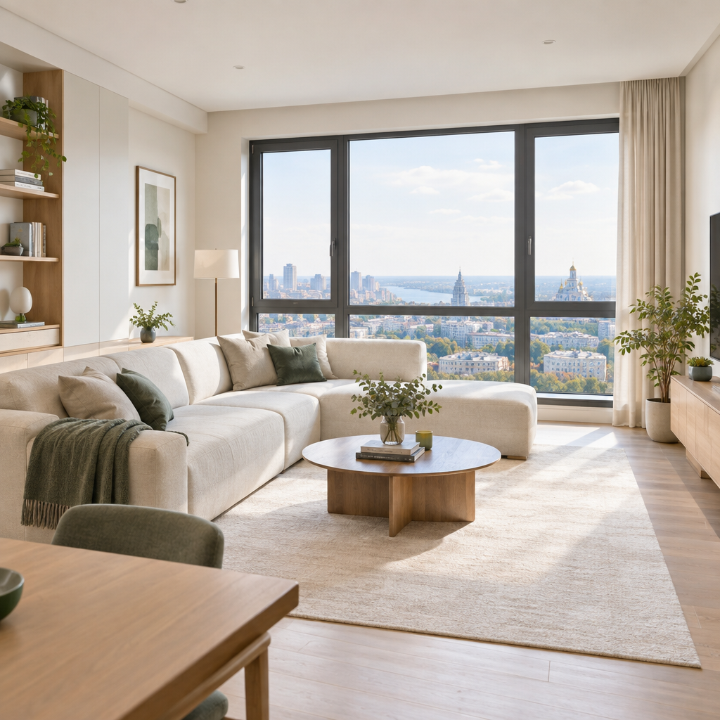 Refined Pechersk apartment with a spacious ivory living room, dark-framed windows, and city view