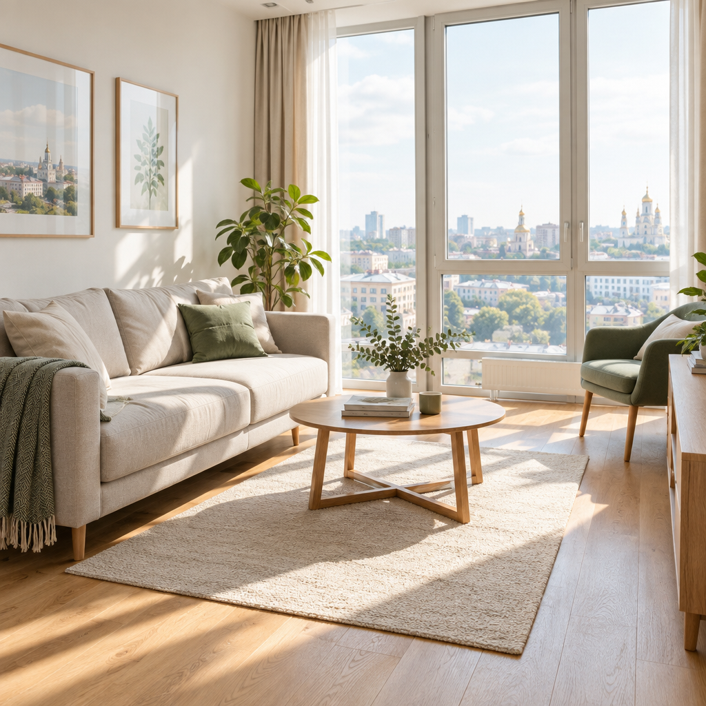 Sunlit contemporary Kyiv living room with warm oak floor, neutral sofa, and tall windows