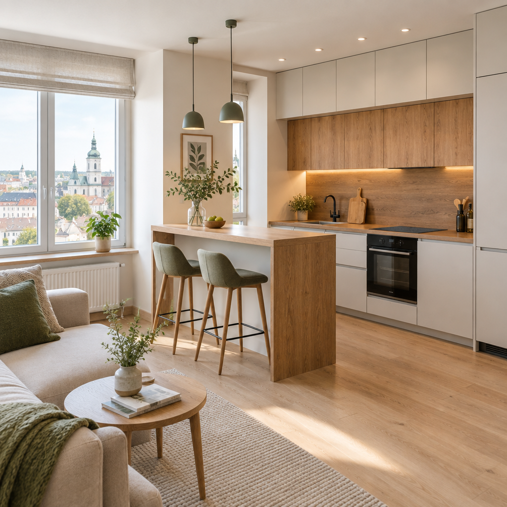 Compact renovated Podil apartment with a warm timber kitchen, pale cabinetry, and breakfast counter