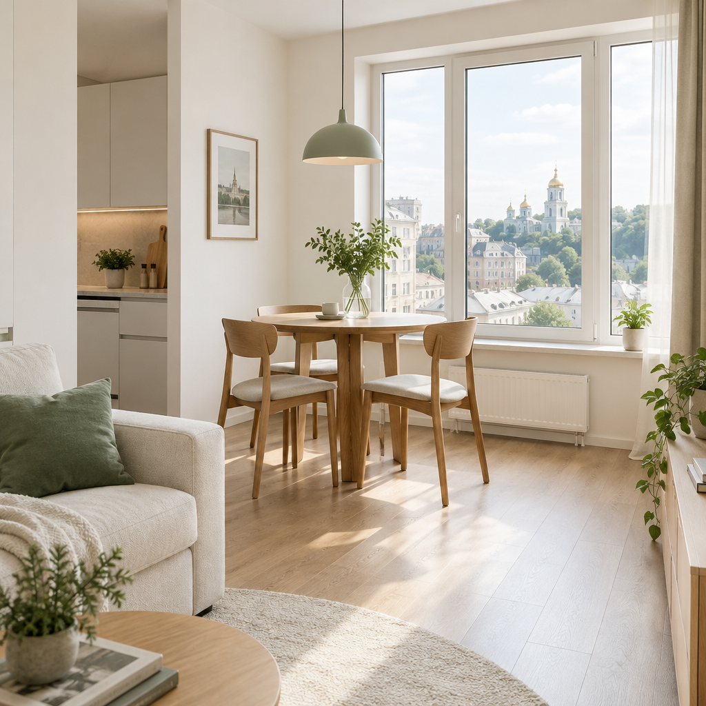 Modern Podil apartment with soft cream walls, a compact dining area, and generous window light