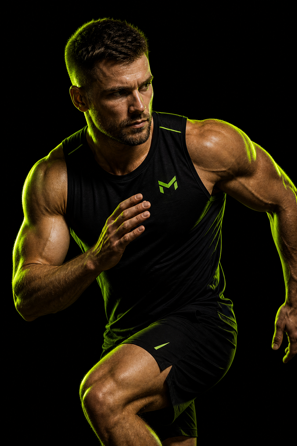 Maksym Hrytsenko, muscular fitness coach in a dynamic athletic pose under dramatic black-and-lime lighting