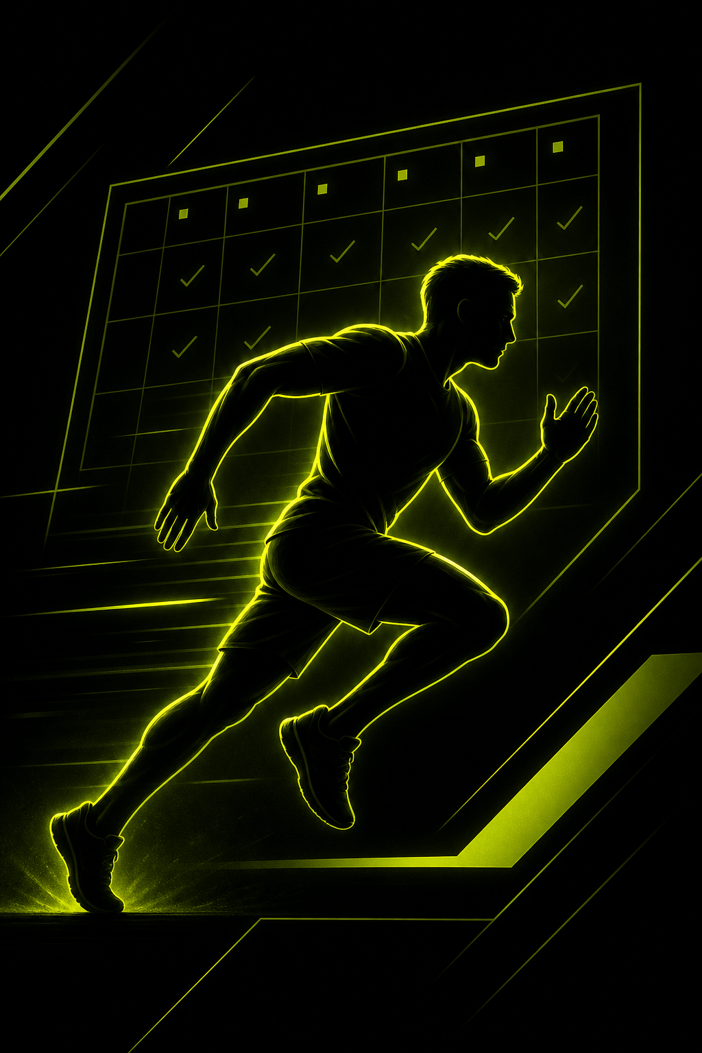Abstract neon-lime silhouette illustration of a runner mid-stride, symbolizing consistency