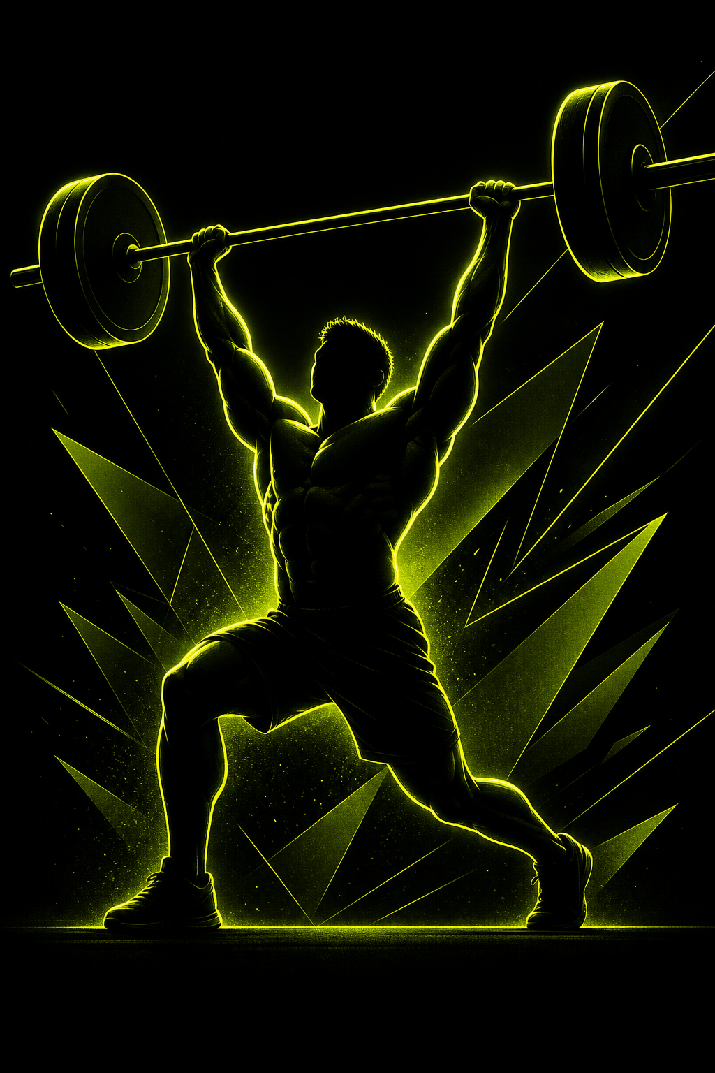 Abstract neon-lime silhouette illustration of a figure lifting a barbell overhead, symbolizing strength gain