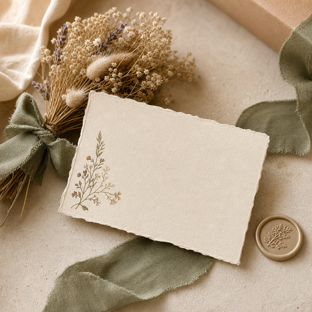 Handwritten gift note card on textured paper beside a wax seal and a small bouquet of dried flowers
