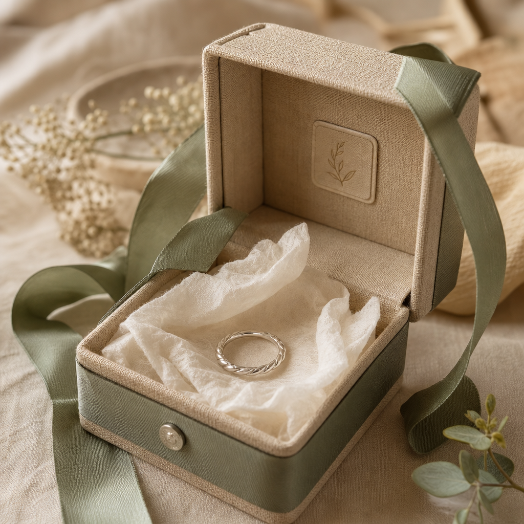 Linen-lined jewelry box in warm beige with a sage ribbon and a small silver ring resting on soft tissue