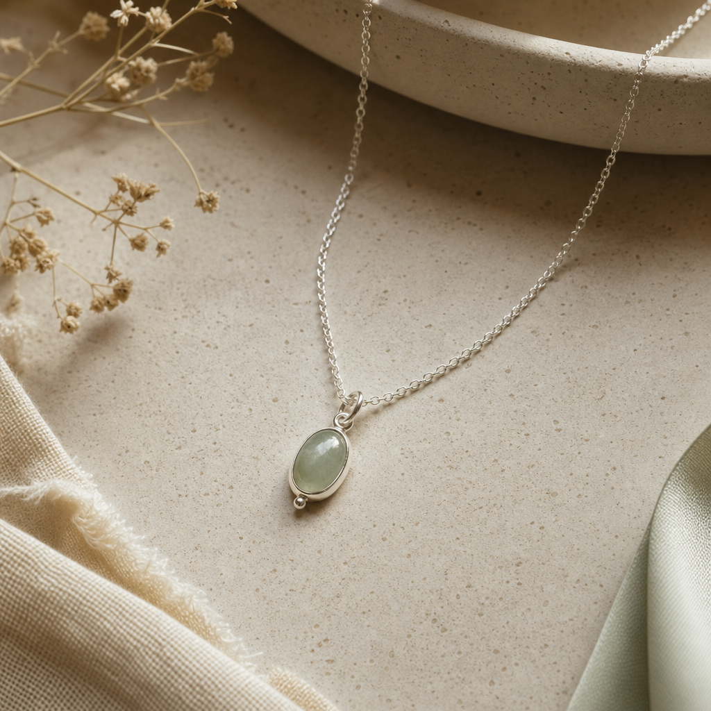 Delicate silver chain necklace with a pale sage green stone pendant on a warm neutral surface