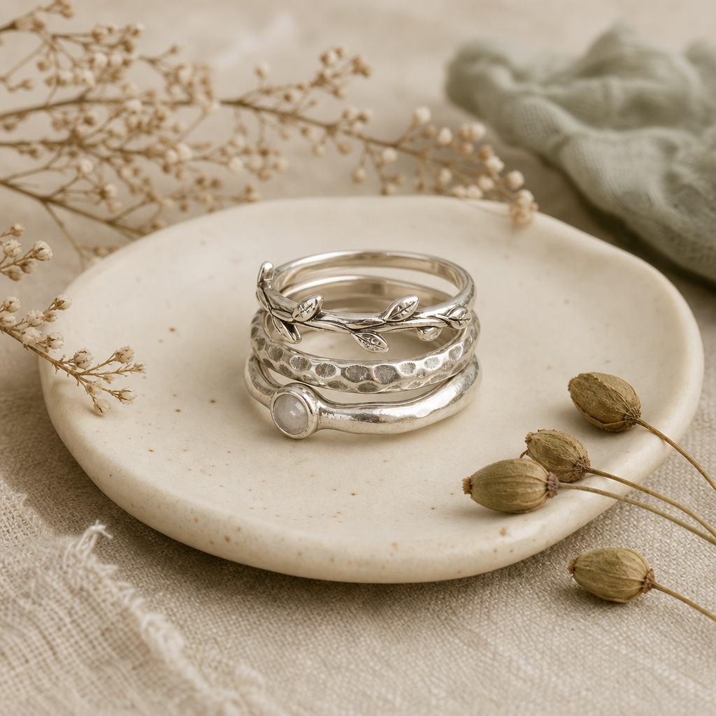 Three handcrafted silver rings stacked on a small ceramic tray with dried botanicals