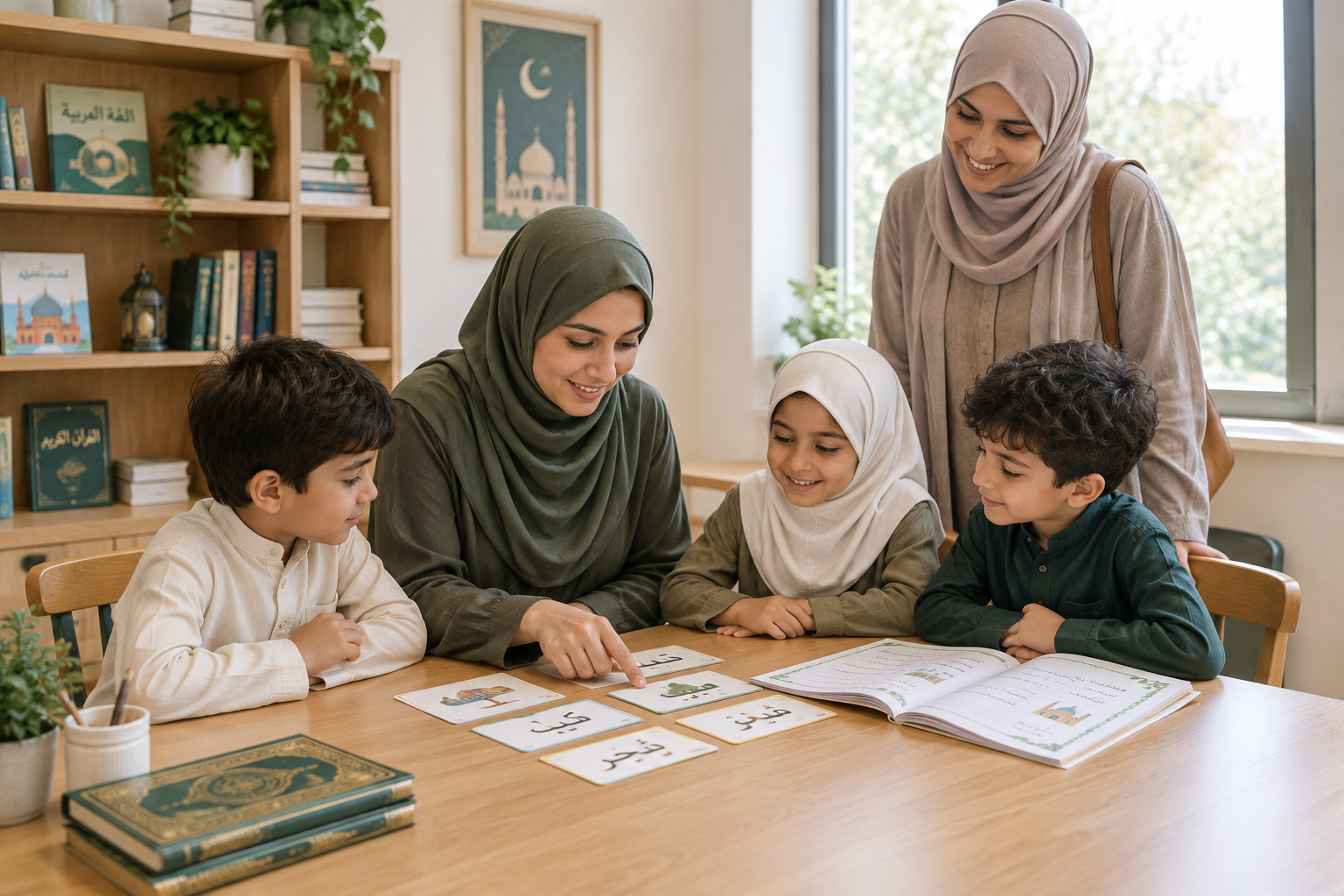 Warm classroom moment with a teacher guiding children reading Arabic text while a parent observes supportively
