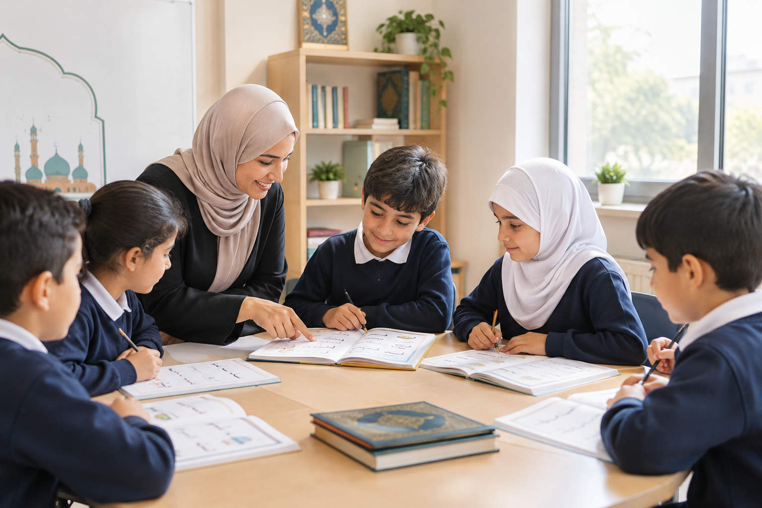 Primary school children in a bright classroom practicing Arabic reading together with a teacher