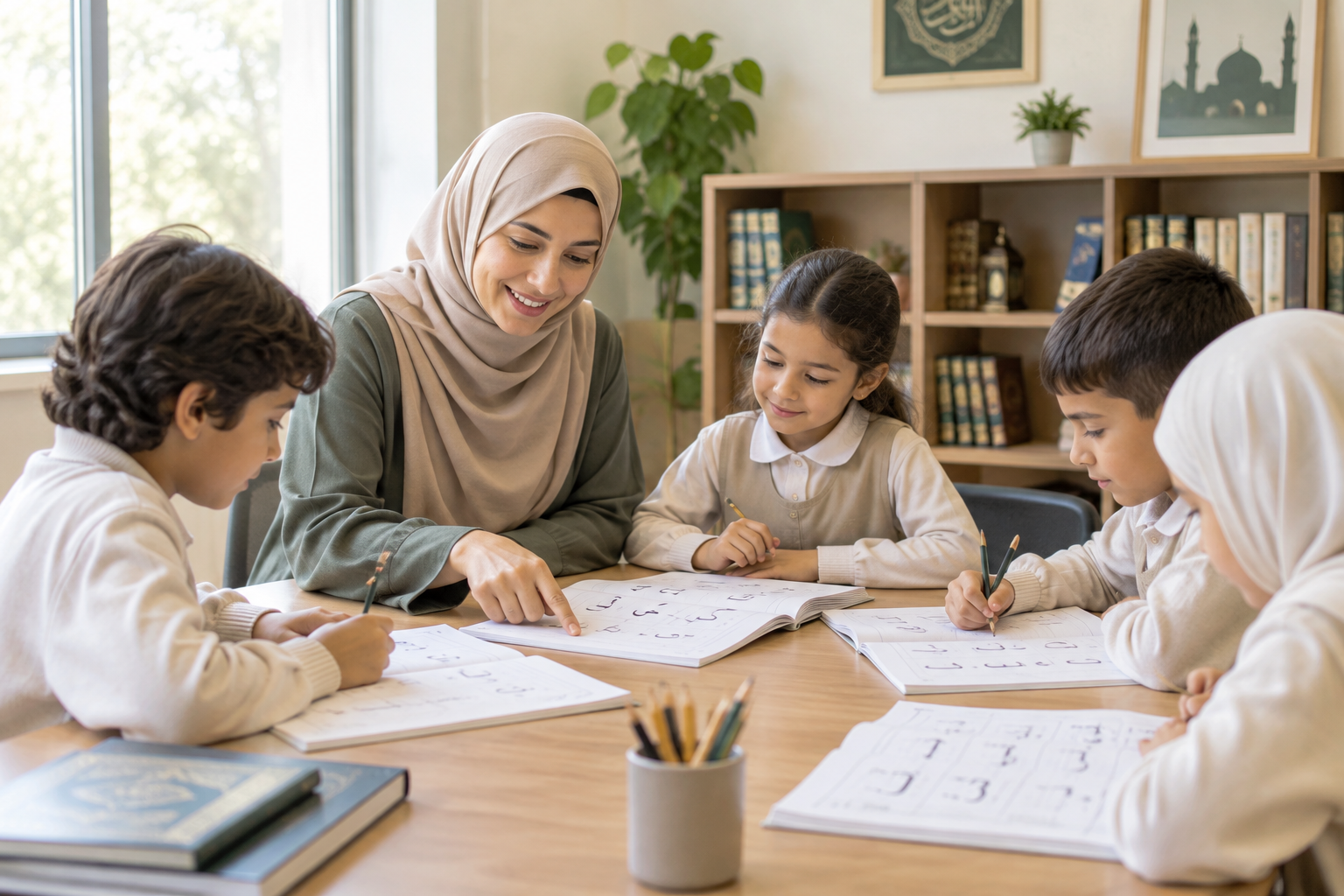Calm classroom learning with a teacher guiding children through Arabic writing in a bright, organized space
