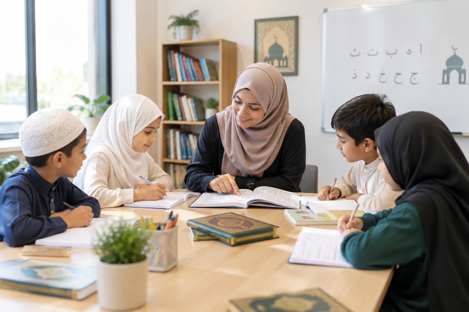 Qualified educator guiding children in an Arabic and Islamic studies classroom
