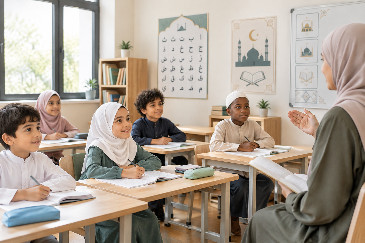 Warm classroom scene with children learning Arabic together with a respectful teacher in a bright, organized Islamic school environment