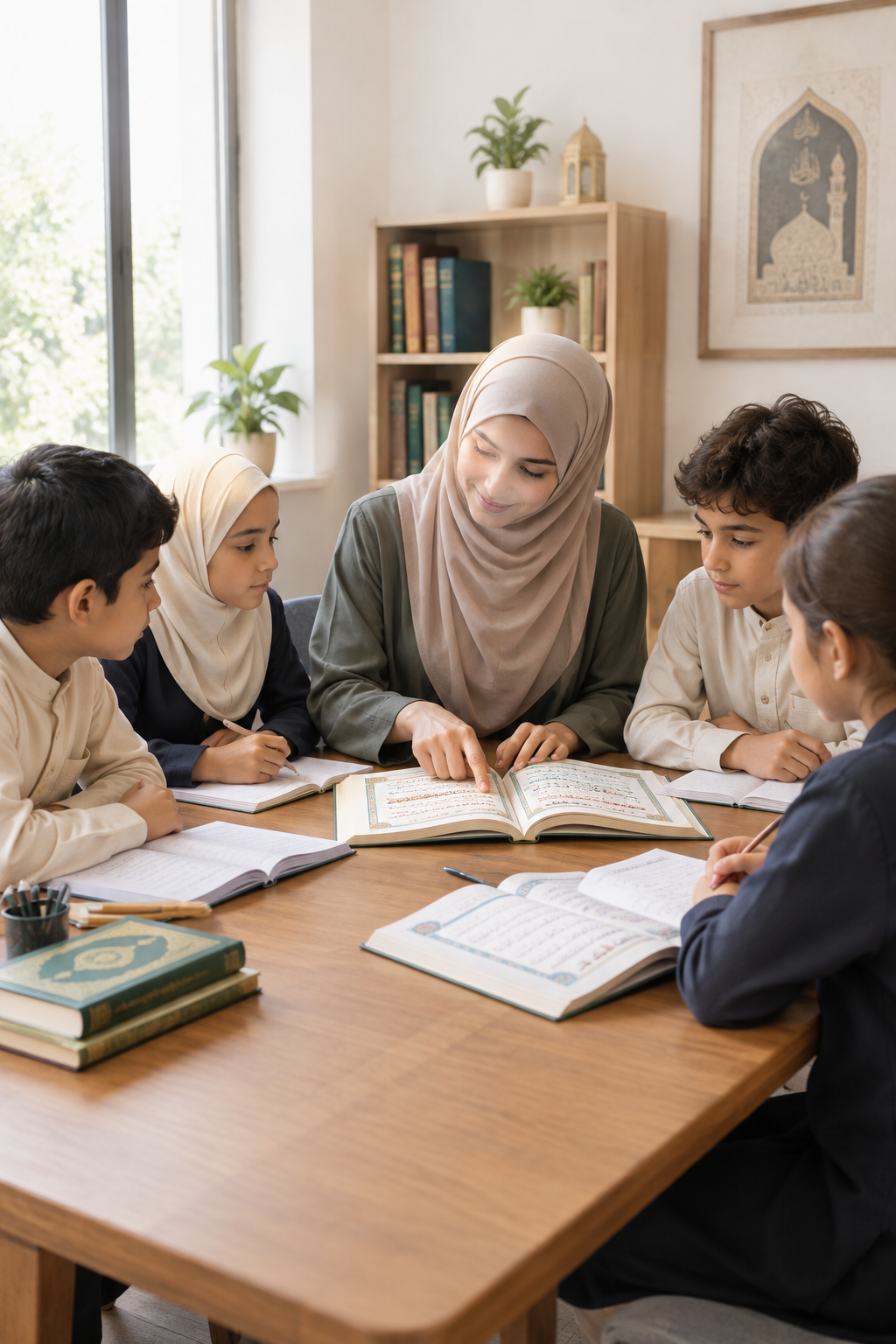 A respectful classroom session where children learn Islamic studies with a teacher guiding discussion and reading