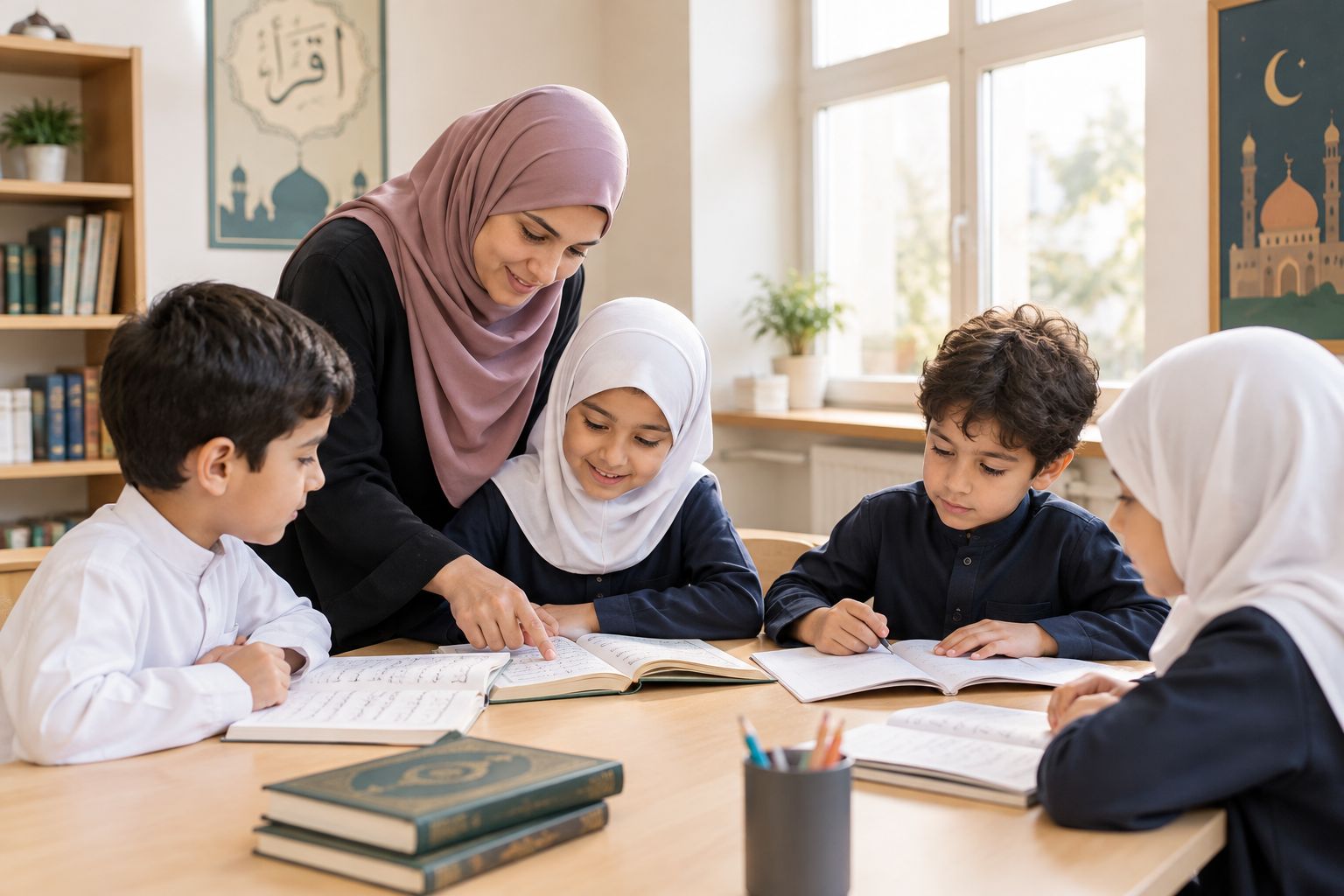 Warm classroom scene with children learning Arabic together with a teacher in a respectful, supportive school environment