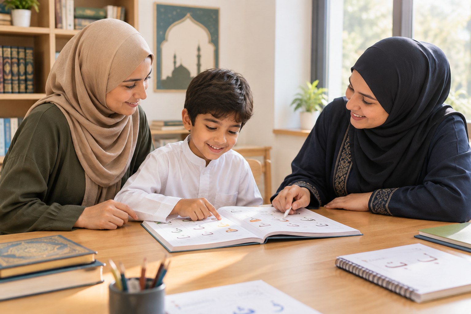 Parent and child reviewing Arabic lesson materials together with a teacher in a warm classroom