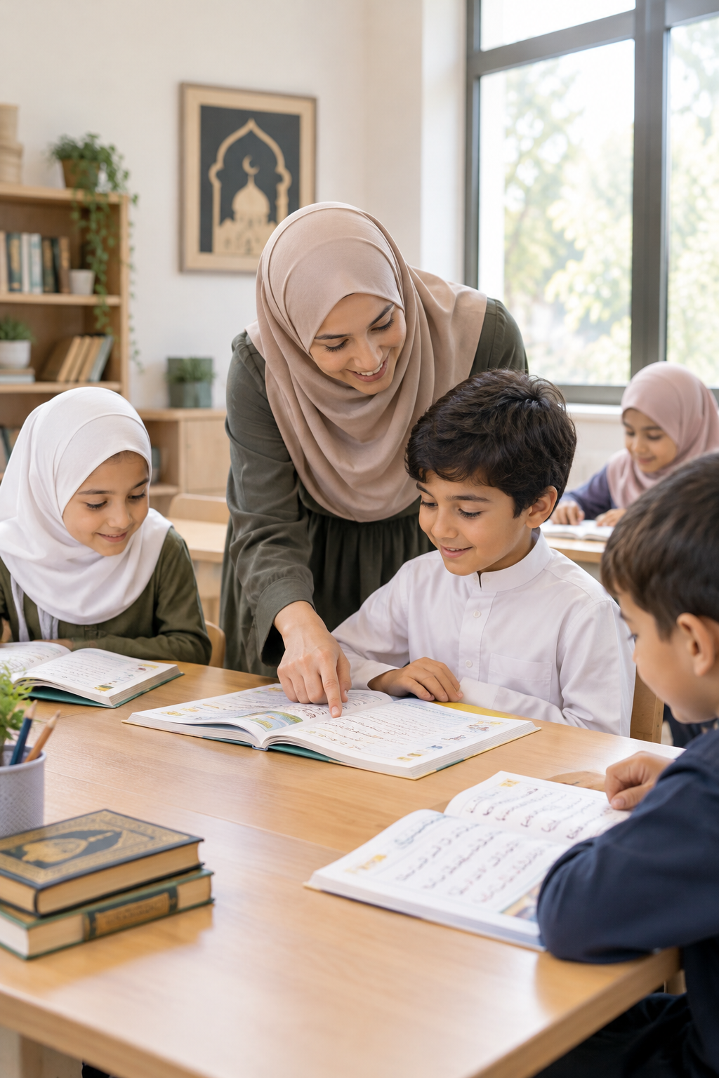 Welcoming classroom environment with children learning Arabic alongside a caring teacher
