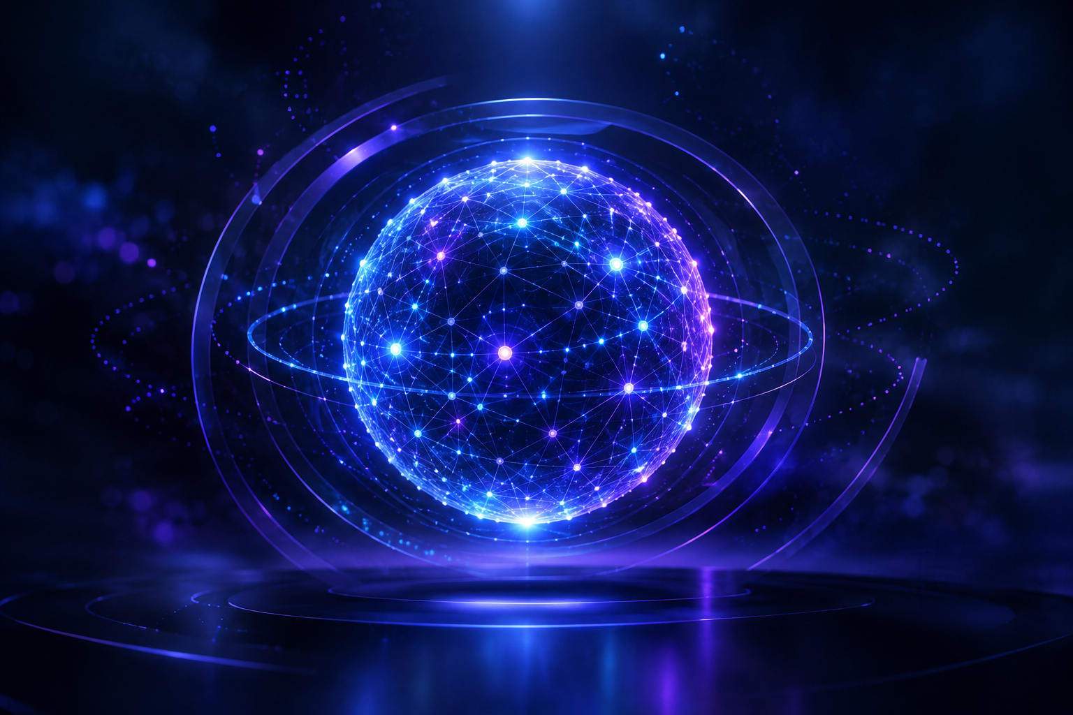 Abstract glowing neural sphere with connected nodes, layered rings, and particle constellations