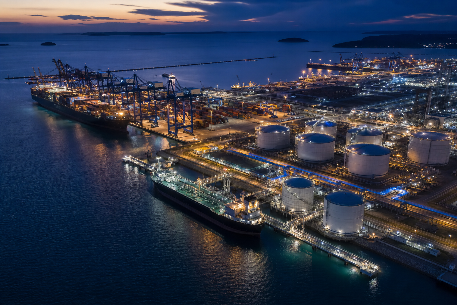 Aerial view of a modern maritime port with deep-water terminals, fuel storage tanks, and container operations at dusk