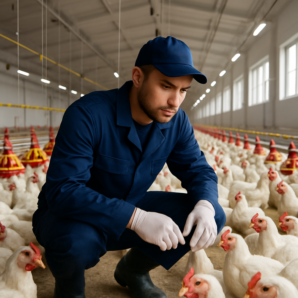 Persona del equipo revisando el estado de los pollos en el galpón.