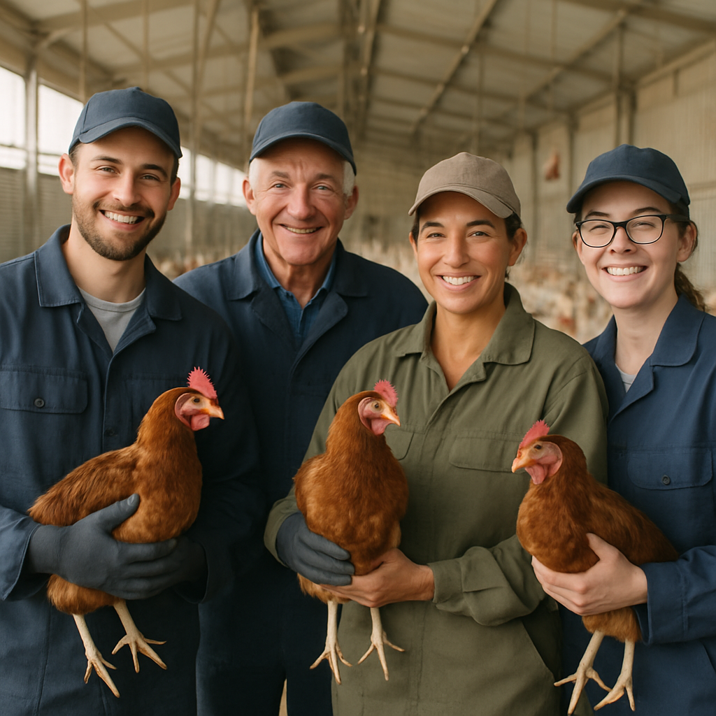 Equipo humano de la granja de pollos posando sonriente con uniformes y gallinas en brazos.