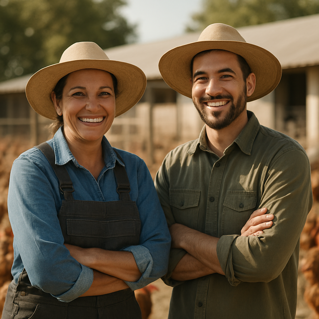 Dos personas con sombrero de ala ancha y ropa de trabajo agrícola, sonriendo en medio de un corral de pollos, reflejando el espíritu del equipo rural.