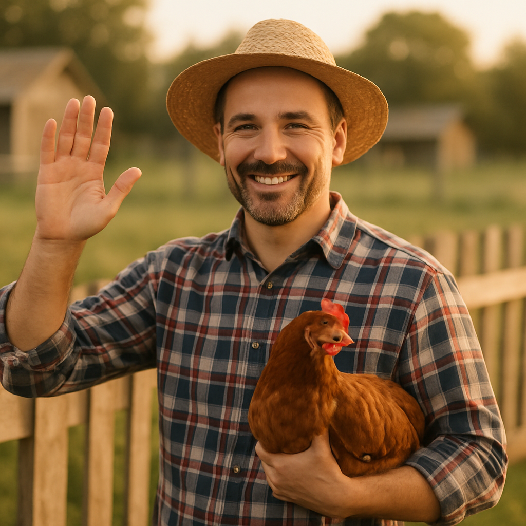 Persona con sombrero de paja y camisa a cuadros sosteniendo una gallina y saludando frente a una cerca de madera, transmitiendo cercanía y profesionalismo rural.