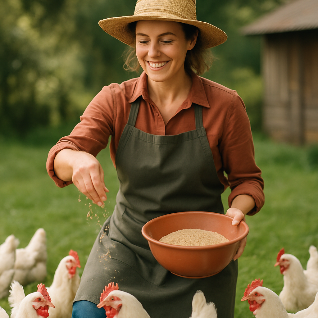 Mujer con sombrero y delantal sonriente, alimentando pollos en una zona verde de la granja, reflejando el compromiso humano y rural.
