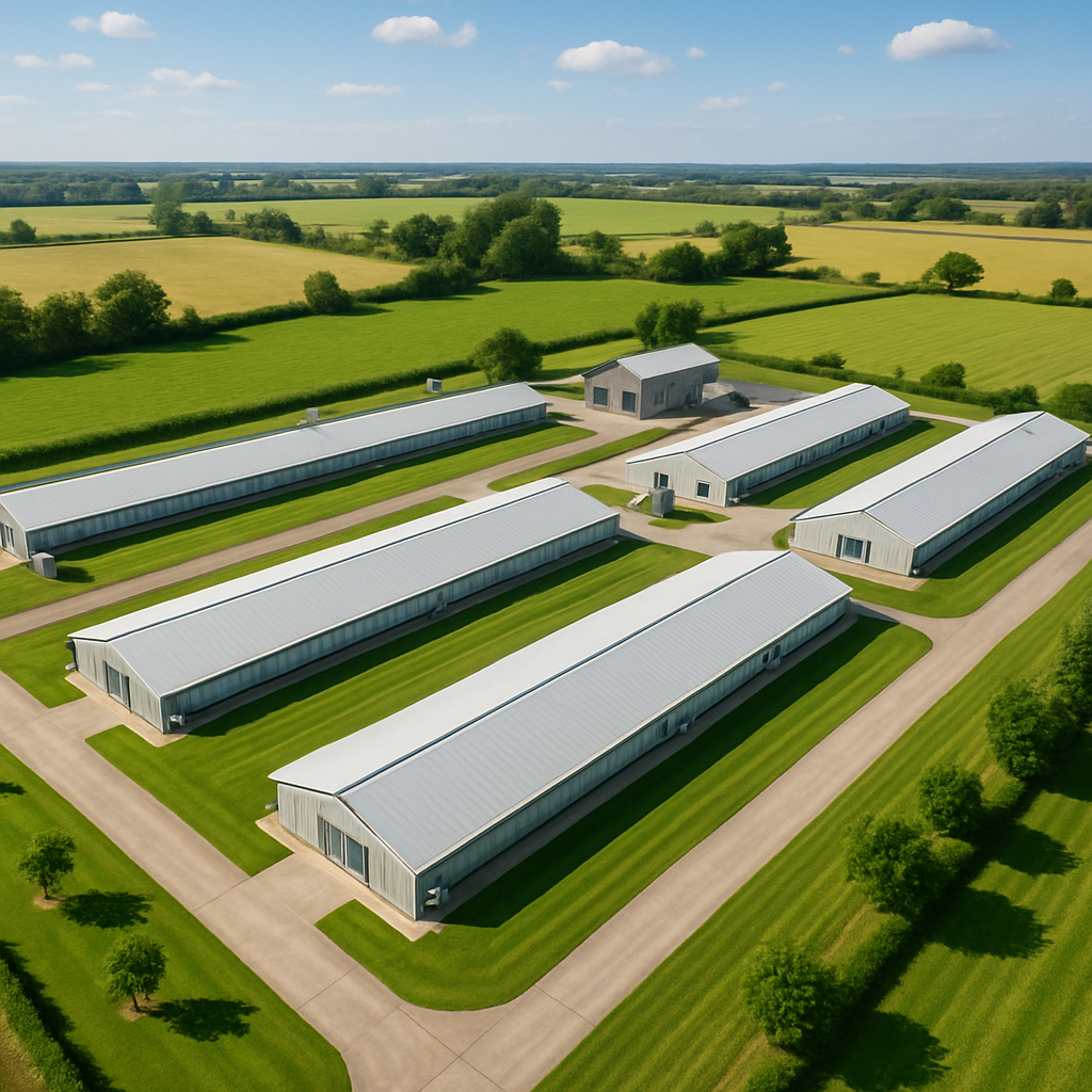 Vista aérea de las instalaciones de la granja de pollos, mostrando galpones modernos rodeados de áreas verdes.