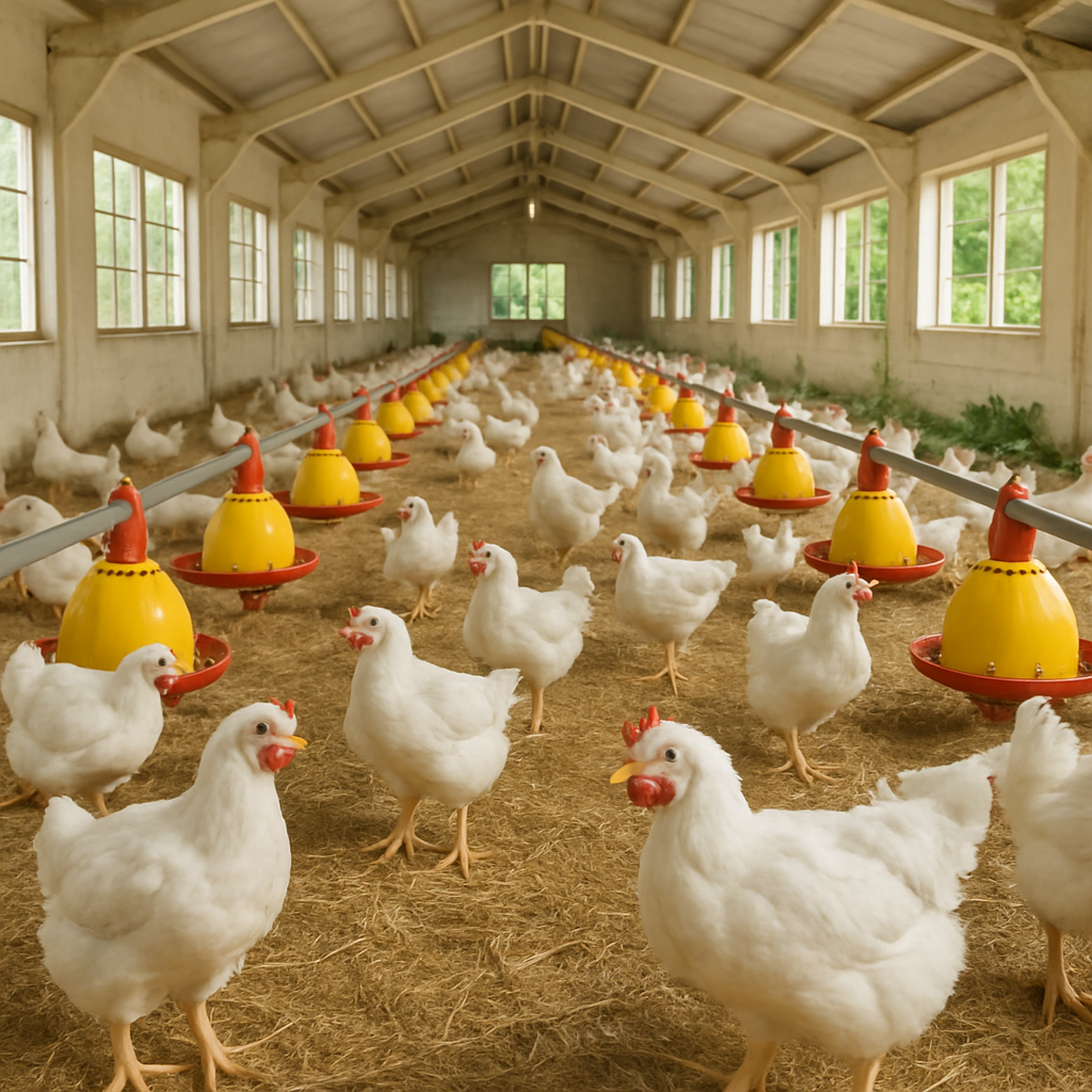 Pollos saludables alimentándose en un ambiente limpio y bien iluminado.
