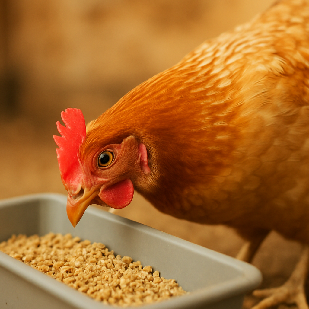 Gallina real de aspecto saludable y plumaje dorado, ojos visibles y atentos, picoteando alimento balanceado natural en un comedero limpio, fondo cálido y acogedor