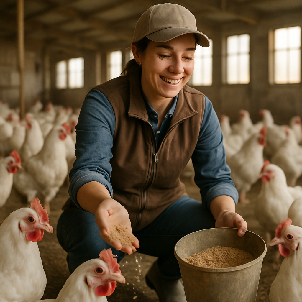 Trabajadora de la granja alimentando gallinas reales, aves de plumaje blanco y ojos visibles, ambiente profesional y cálido, trato cercano