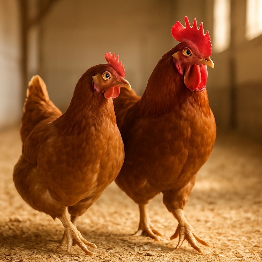 Pareja de gallinas reales de aspecto natural, ojos claros y expresivos, caminando libres sobre cama de viruta, luz cálida y entorno limpio