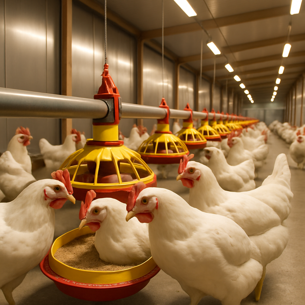 Galpón moderno y limpio con gallinas de plumaje blanco natural y ojos vivos comiendo en comederos automáticos, luz cálida, ambiente profesional