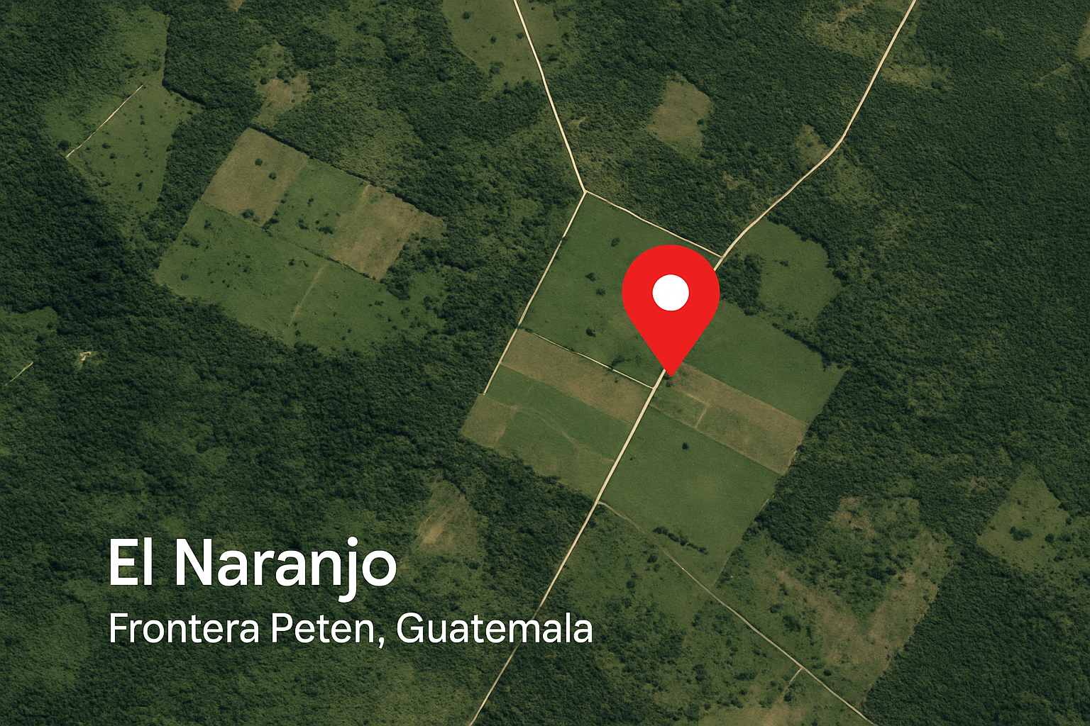 Mapa satelital de El Naranjo, frontera Petén, Guatemala, con marcador de ubicación visible