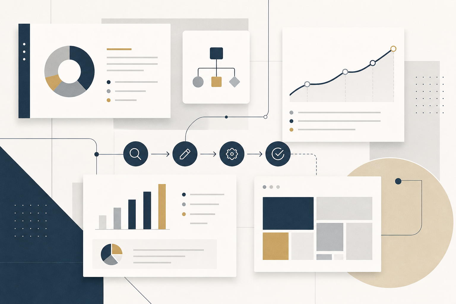 Abstract operational transformation visual with clean dashboard-like panels, geometric lines, and process markers