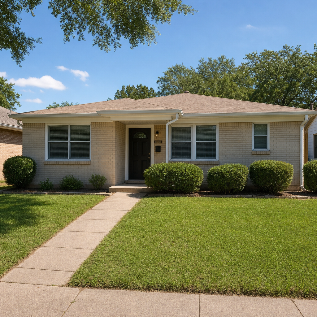 Modest ranch-style Dallas home with light brick exterior, trimmed lawn, and natural daylight