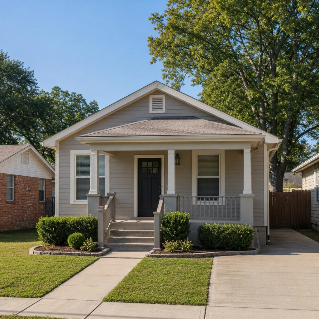 Practical Fort Worth bungalow with neutral siding, small porch, and clean driveway in daytime