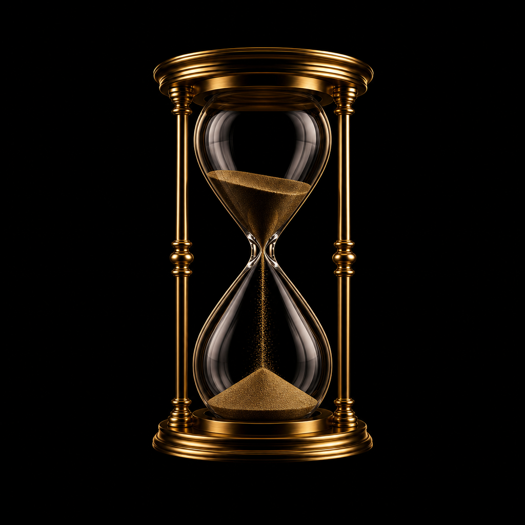 Giant clear glass hourglass with elegant gold trim, dramatic cinematic lighting on a black background